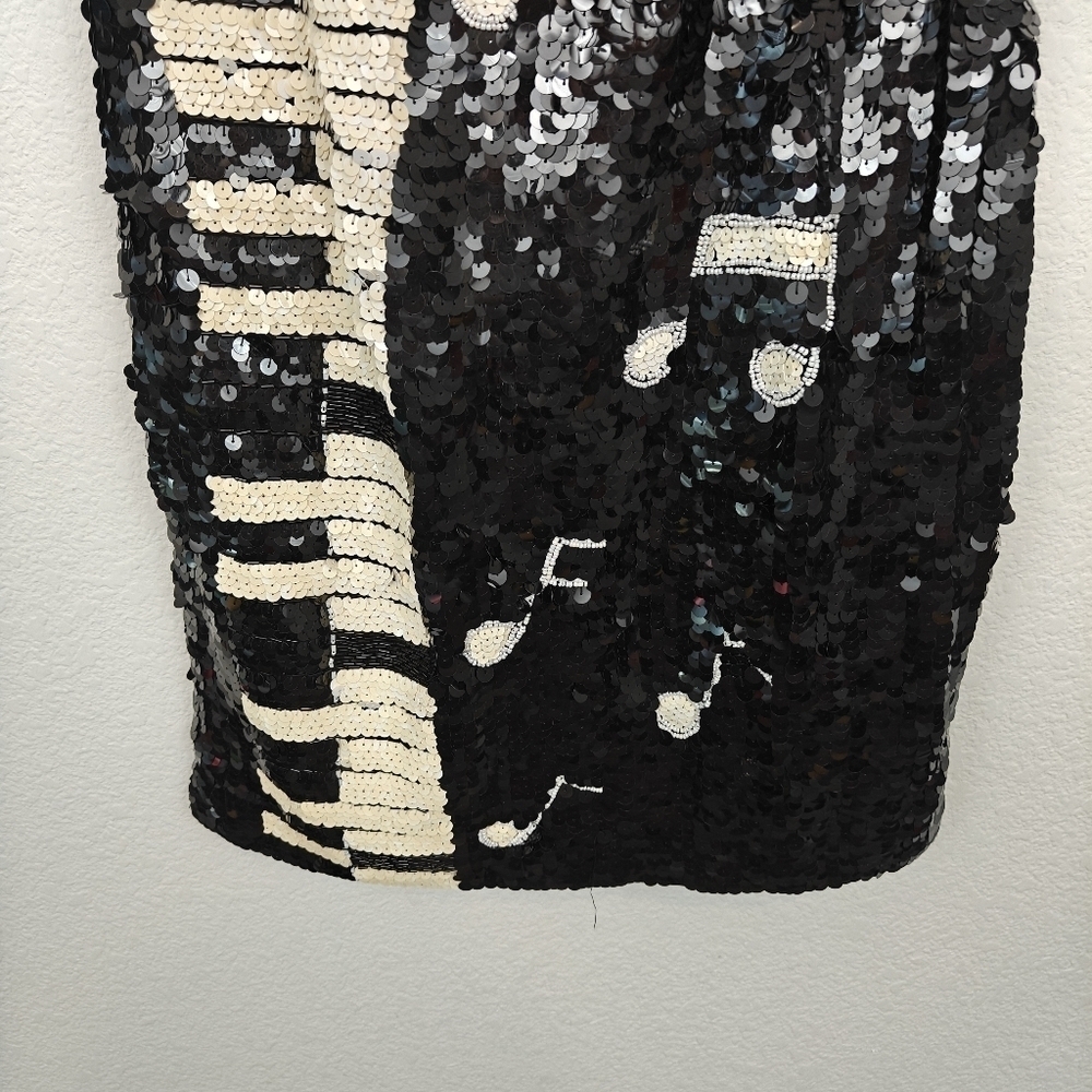 Vintage 1980s Black White Piano Keys Off Shoulder Sequin Beaded Mini Dress SM - Picture 10 of 16